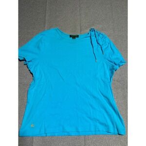 Vintage Ralph Lauren T Shirt Women XL Bright Blue Lace Up Shoulder Short Sleeve